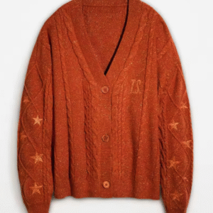 Shimmer knit cardigan with metallic threads and star embroidery on sleeves