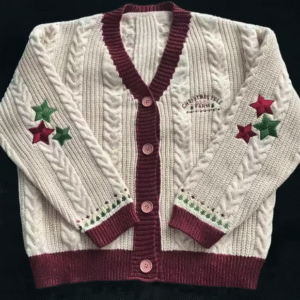 Christmas Tree Farm Cardigan inspired knit with red and green embroidered stars